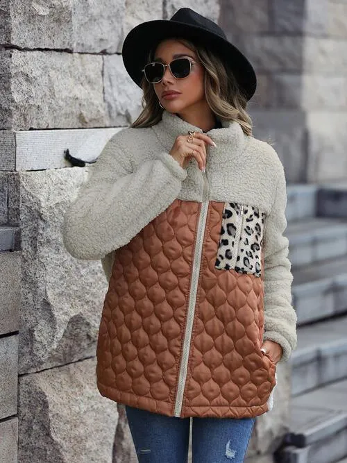 Leopard Patch Zip Up Fleece Jacket