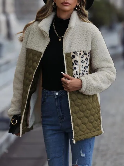 Leopard Patch Zip Up Fleece Jacket