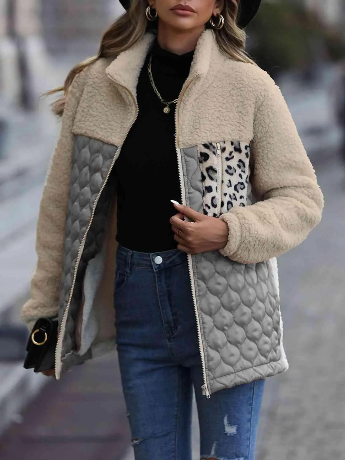 Leopard Patch Zip Up Fleece Jacket