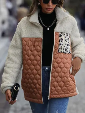 Leopard Patch Zip Up Fleece Jacket