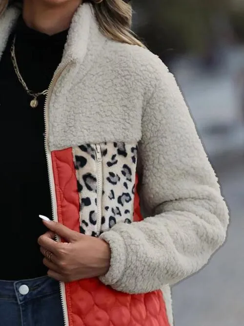 Leopard Patch Zip Up Fleece Jacket