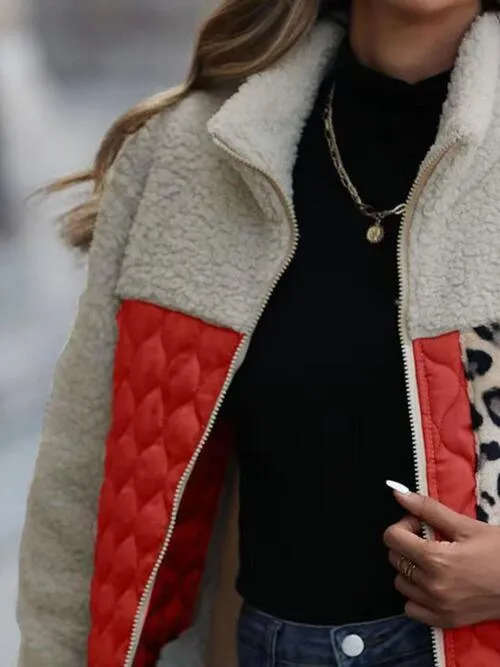 Leopard Patch Zip Up Fleece Jacket