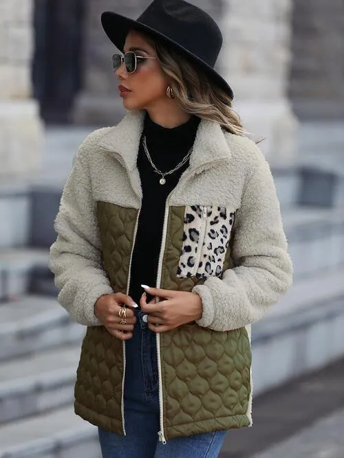 Leopard Patch Zip Up Fleece Jacket