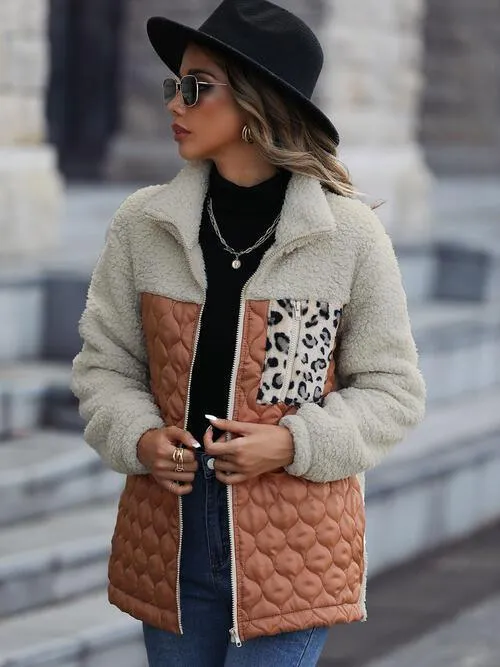 Leopard Patch Zip Up Fleece Jacket