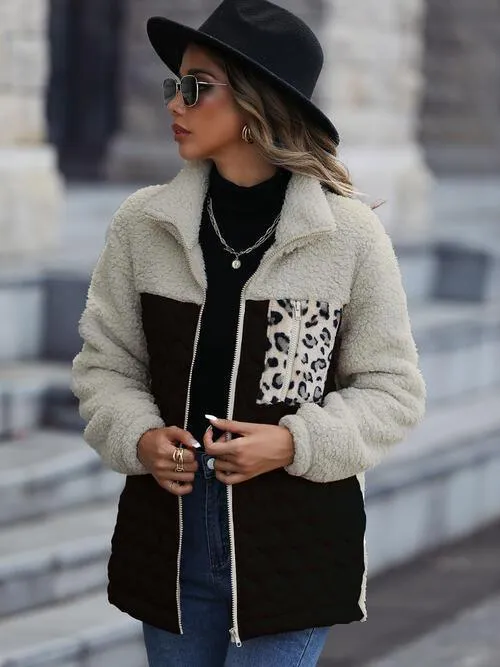 Leopard Patch Zip Up Fleece Jacket