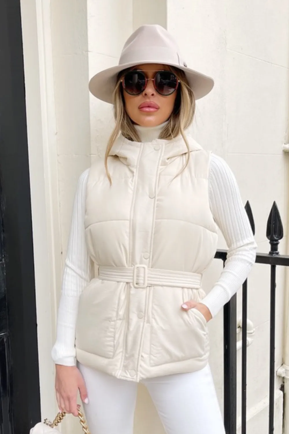 Macy Cream belted puffer Gilet