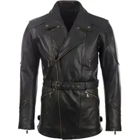 Men's Black Leather Belted Motorcycle Coat