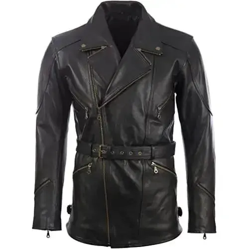 Men's Black Leather Belted Motorcycle Coat