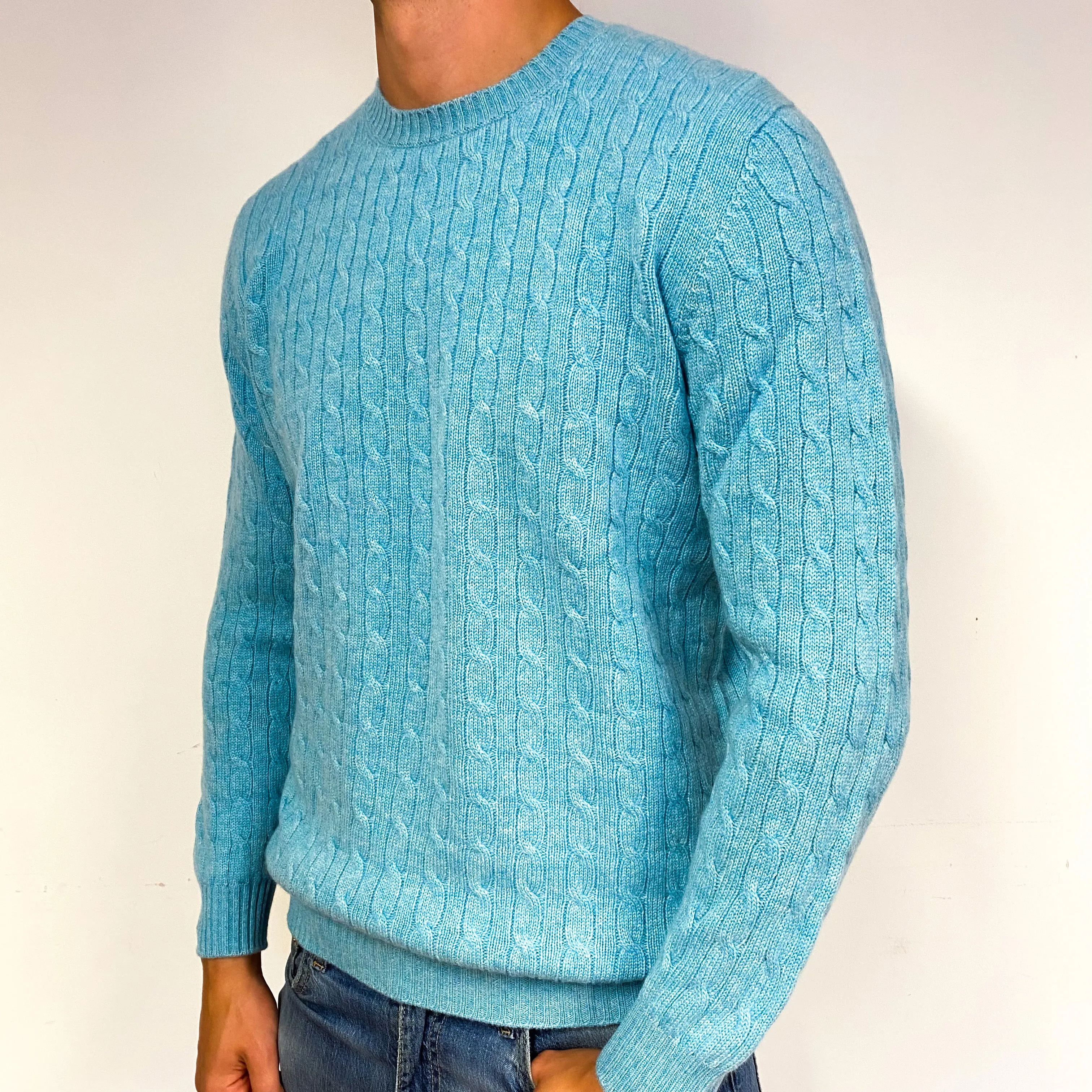 Men's Brand New Scottish Turquoise Blue Cashmere Crew Neck Jumper Extra Large
