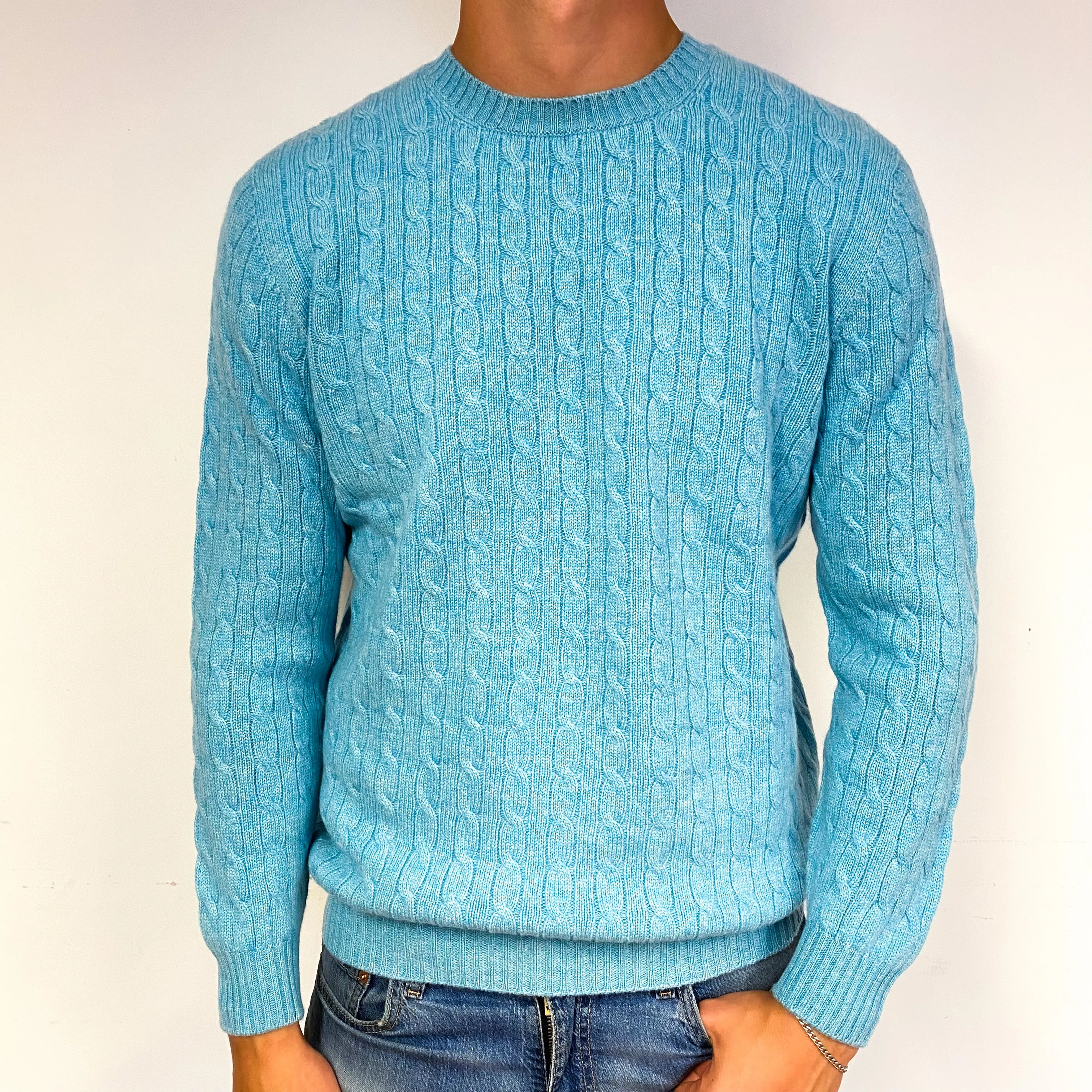 Men's Brand New Scottish Turquoise Blue Cashmere Crew Neck Jumper Extra Large