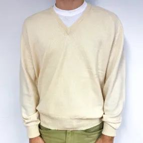 Men's Scottish Vintage Cream Cashmere V-Neck Jumper Large