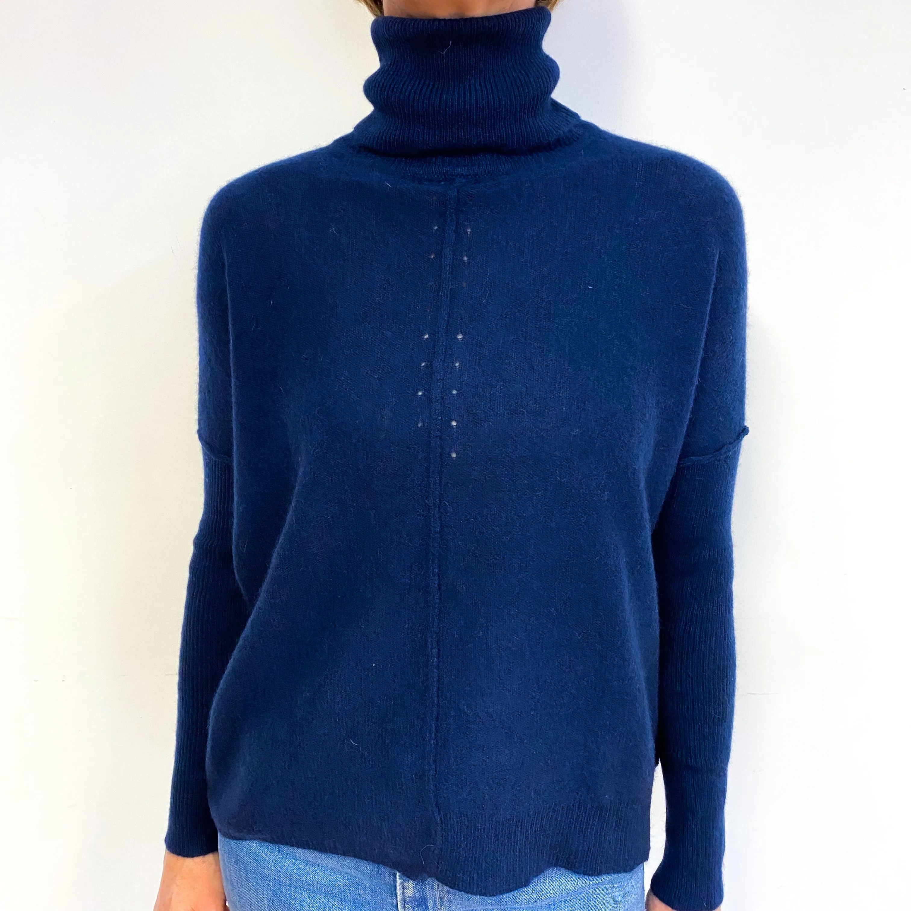Midnight Blue Boxy Cashmere Polo Neck Jumper Medium
