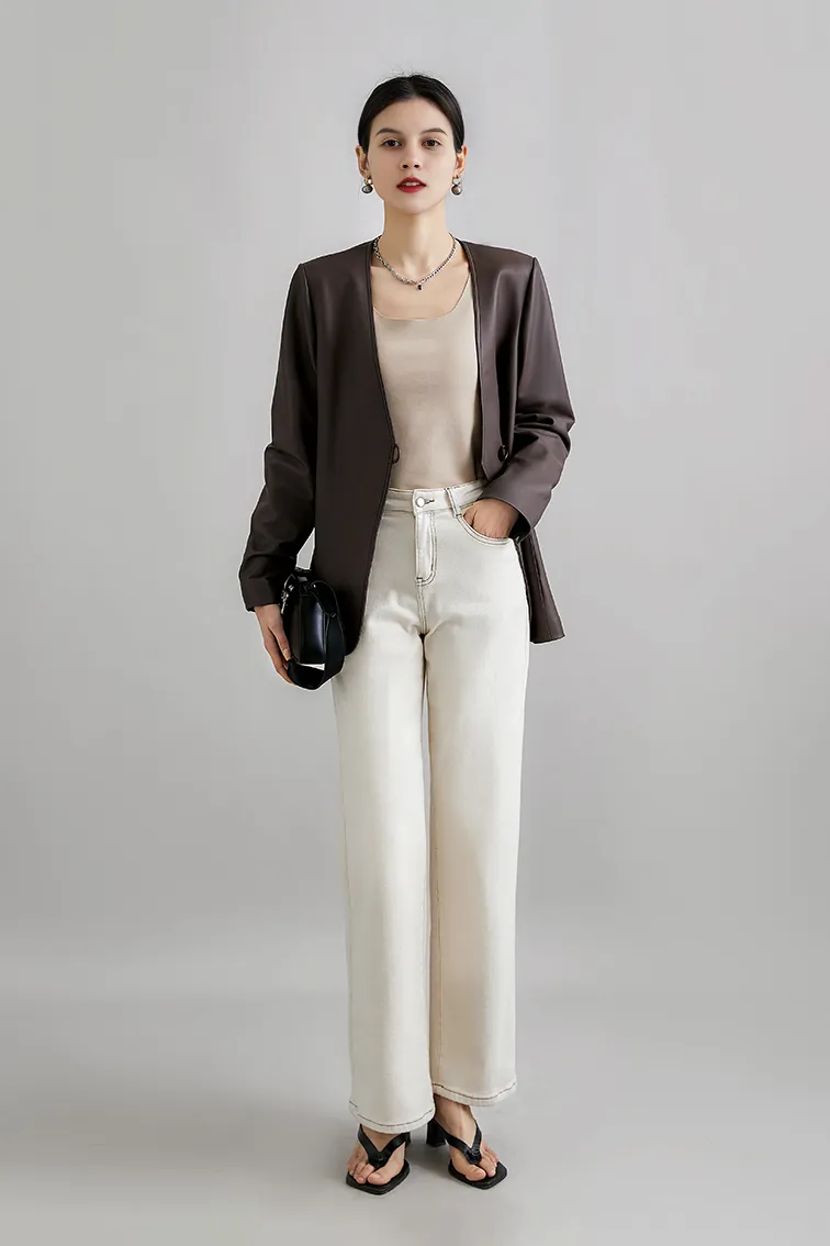 Modern Collarless Leather Blazer