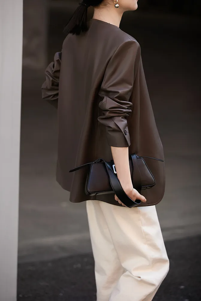 Modern Collarless Leather Blazer