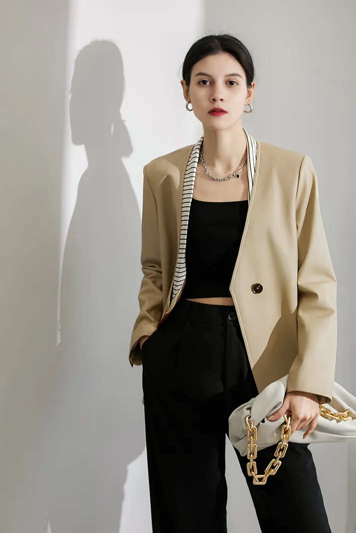 Modern Collarless Leather Blazer