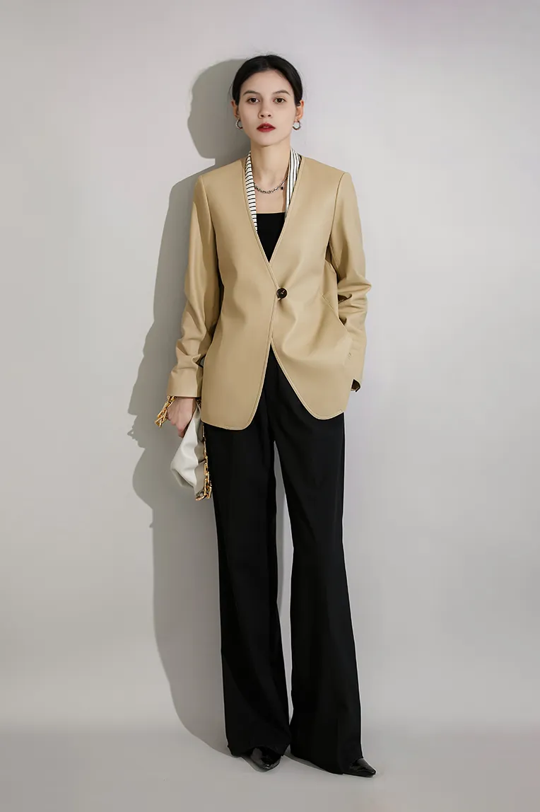 Modern Collarless Leather Blazer