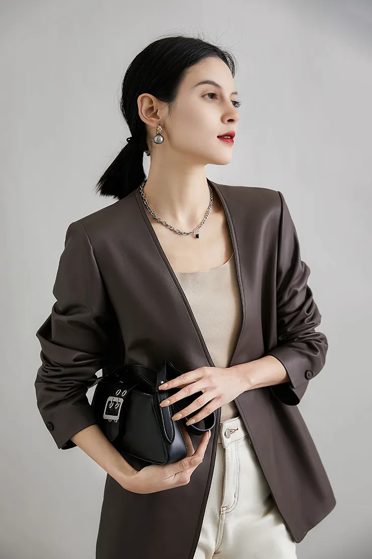 Modern Collarless Leather Blazer