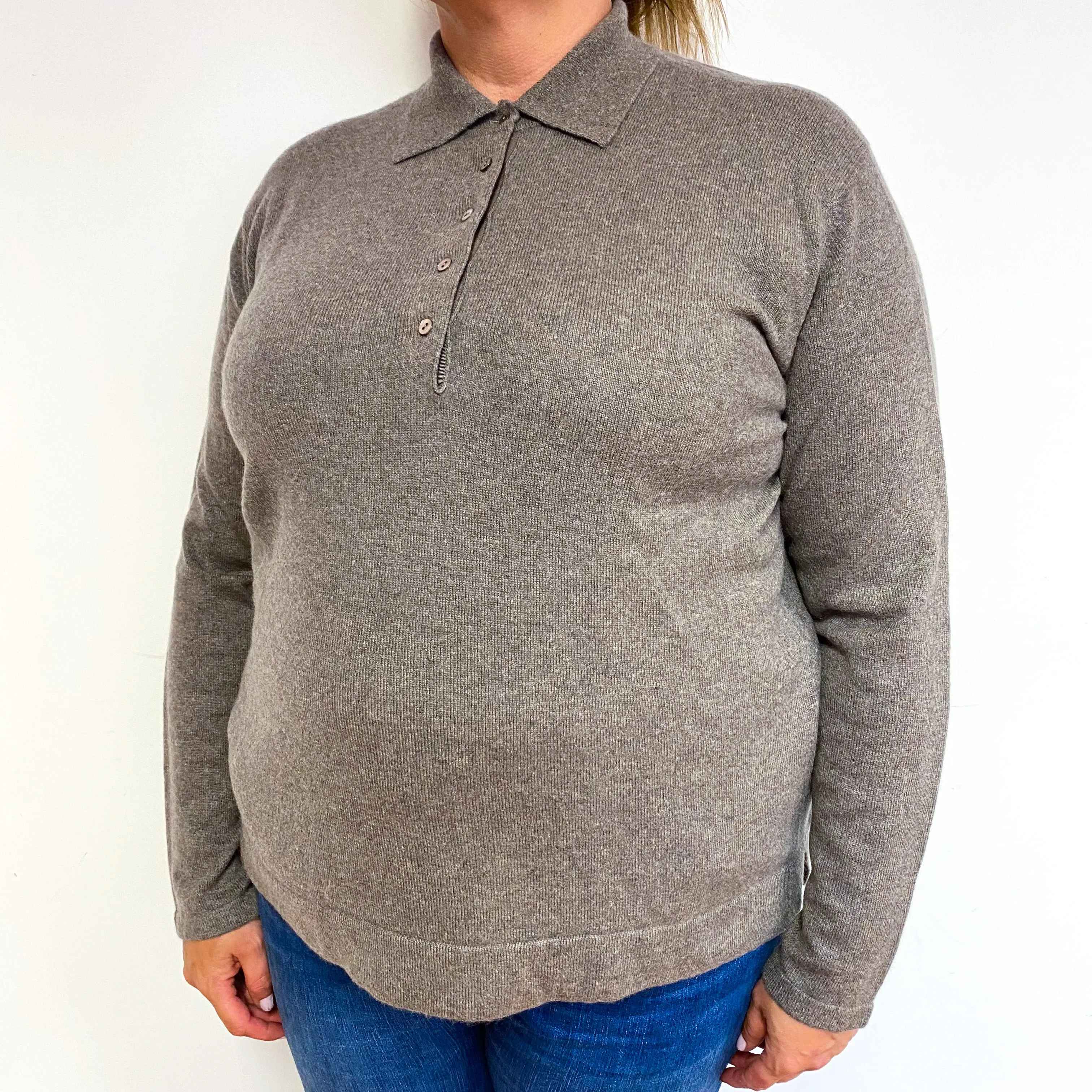 Muted Brown Cashmere Collared 1/4 Button Jumper Extra Large