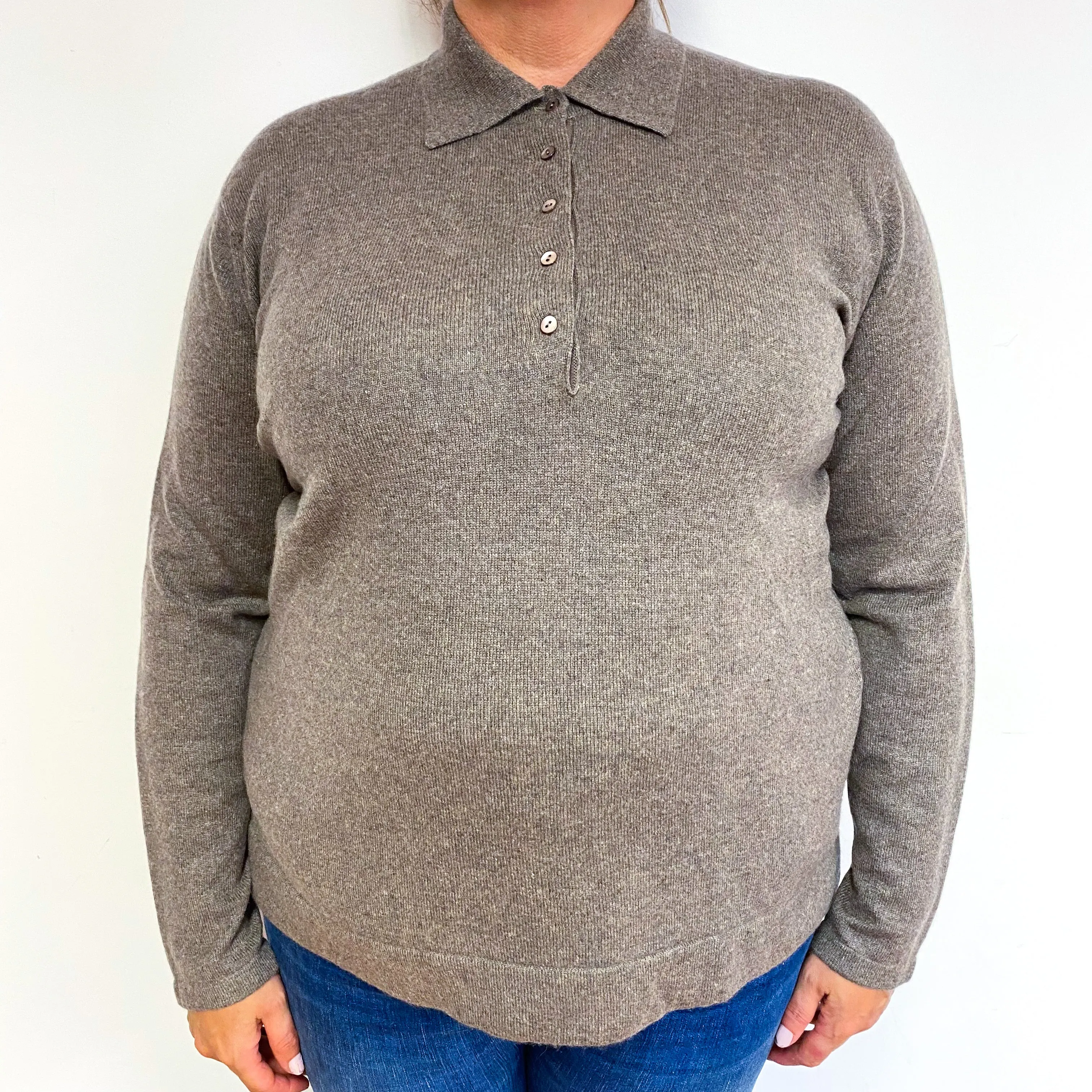 Muted Brown Cashmere Collared 1/4 Button Jumper Extra Large