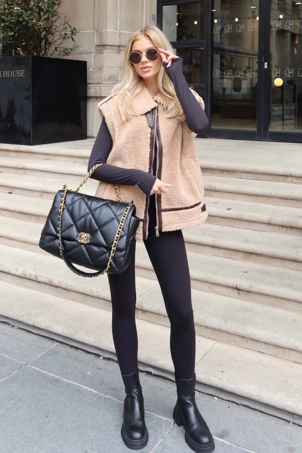 Natalie camel teddy aviator gilet