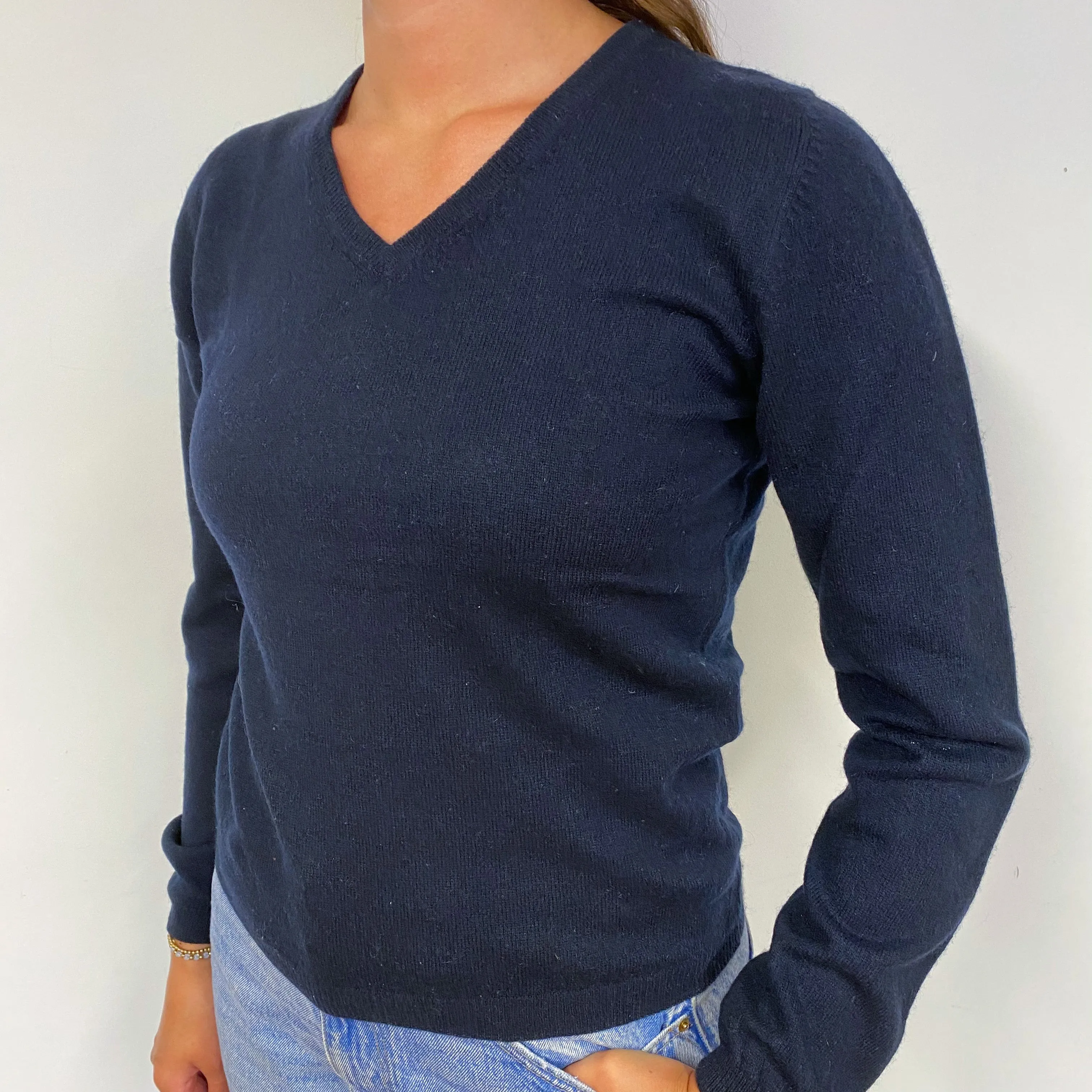 Navy Blue Cashmere V-Neck Jumper