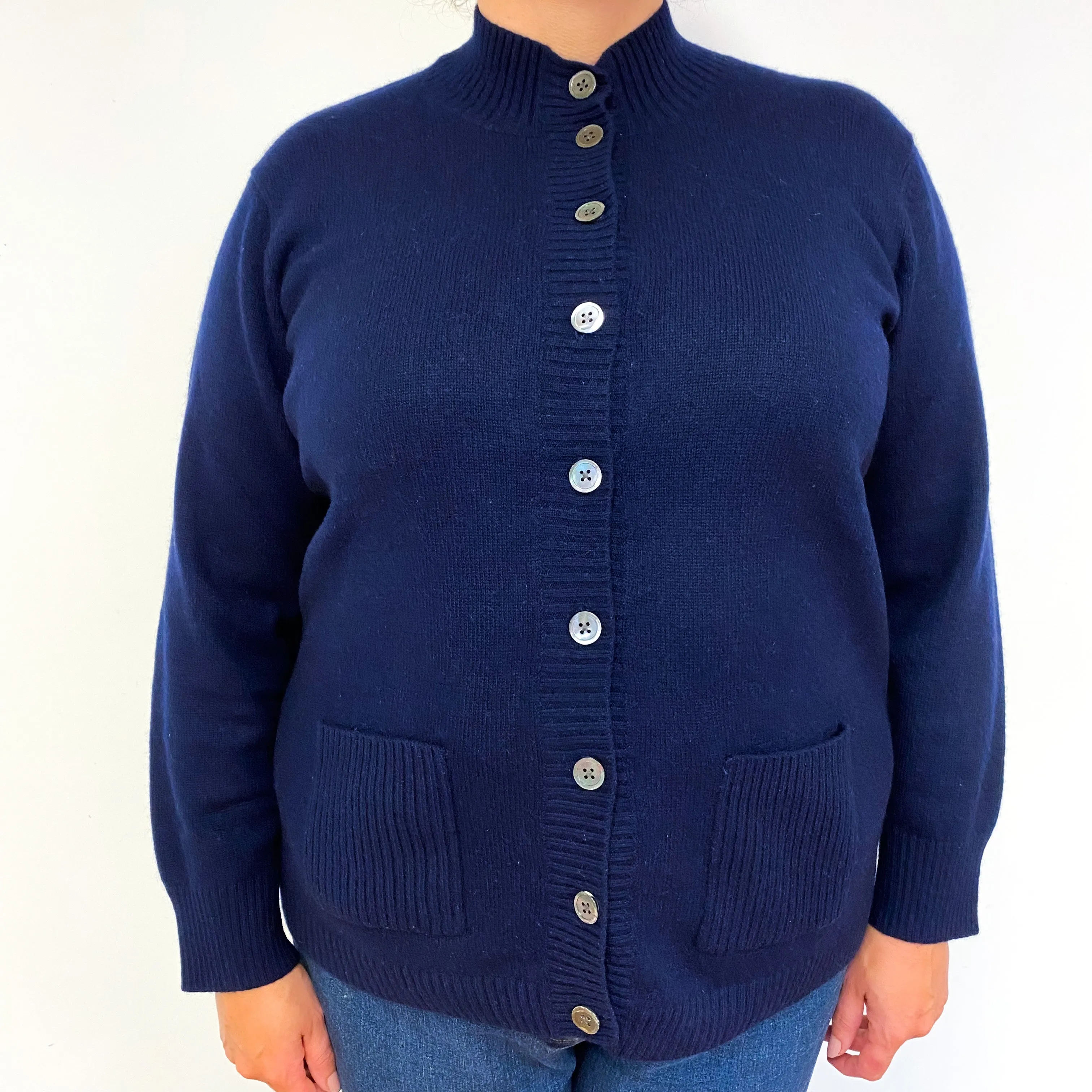 Orvis Navy Blue Chunky Cashmere Cardigan with Pockets Extra Large
