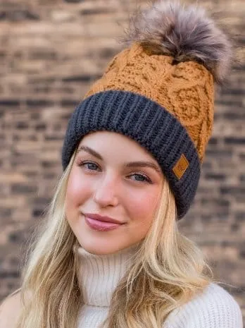 Panache Camel & Dark Grey Cable Knit Pom Hat