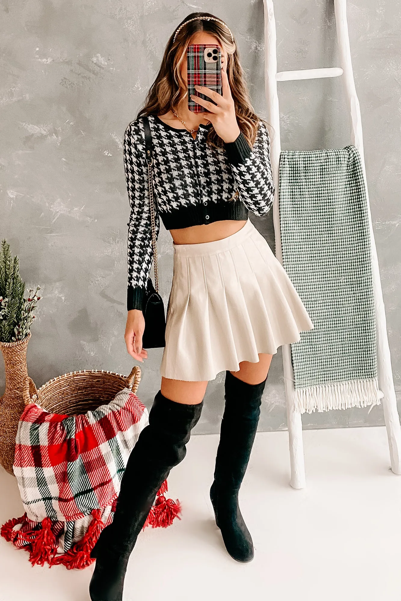 Party Hard Pleated Faux Leather Mini Skirt (Taupe)