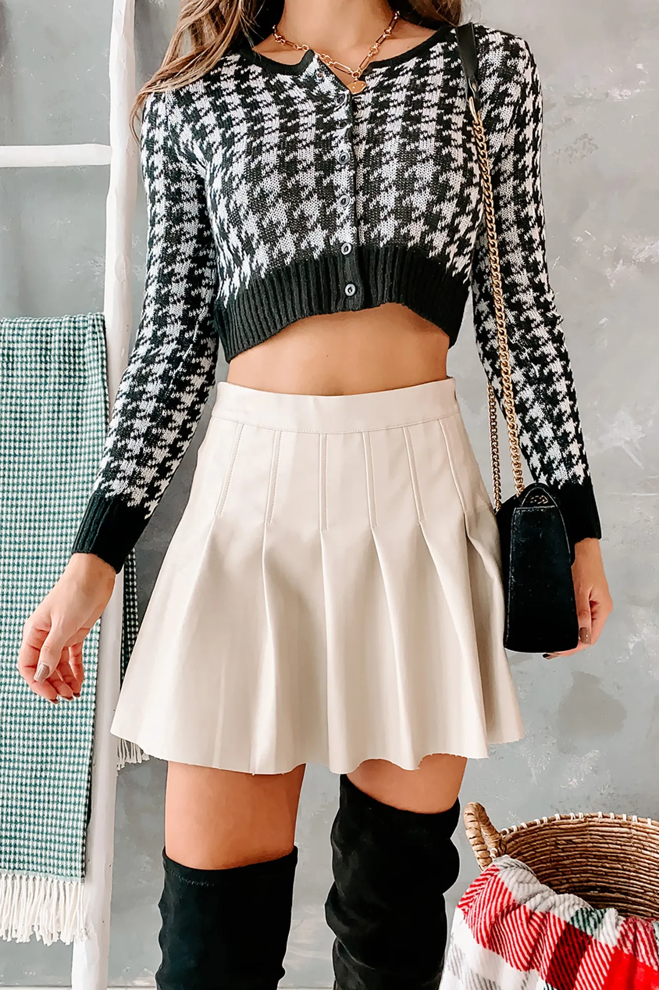 Party Hard Pleated Faux Leather Mini Skirt (Taupe)