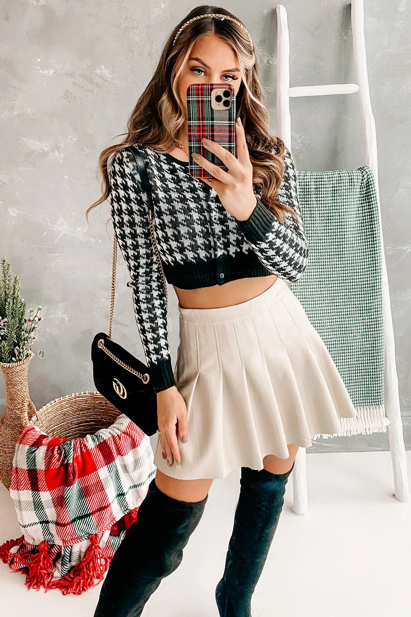 Party Hard Pleated Faux Leather Mini Skirt (Taupe)