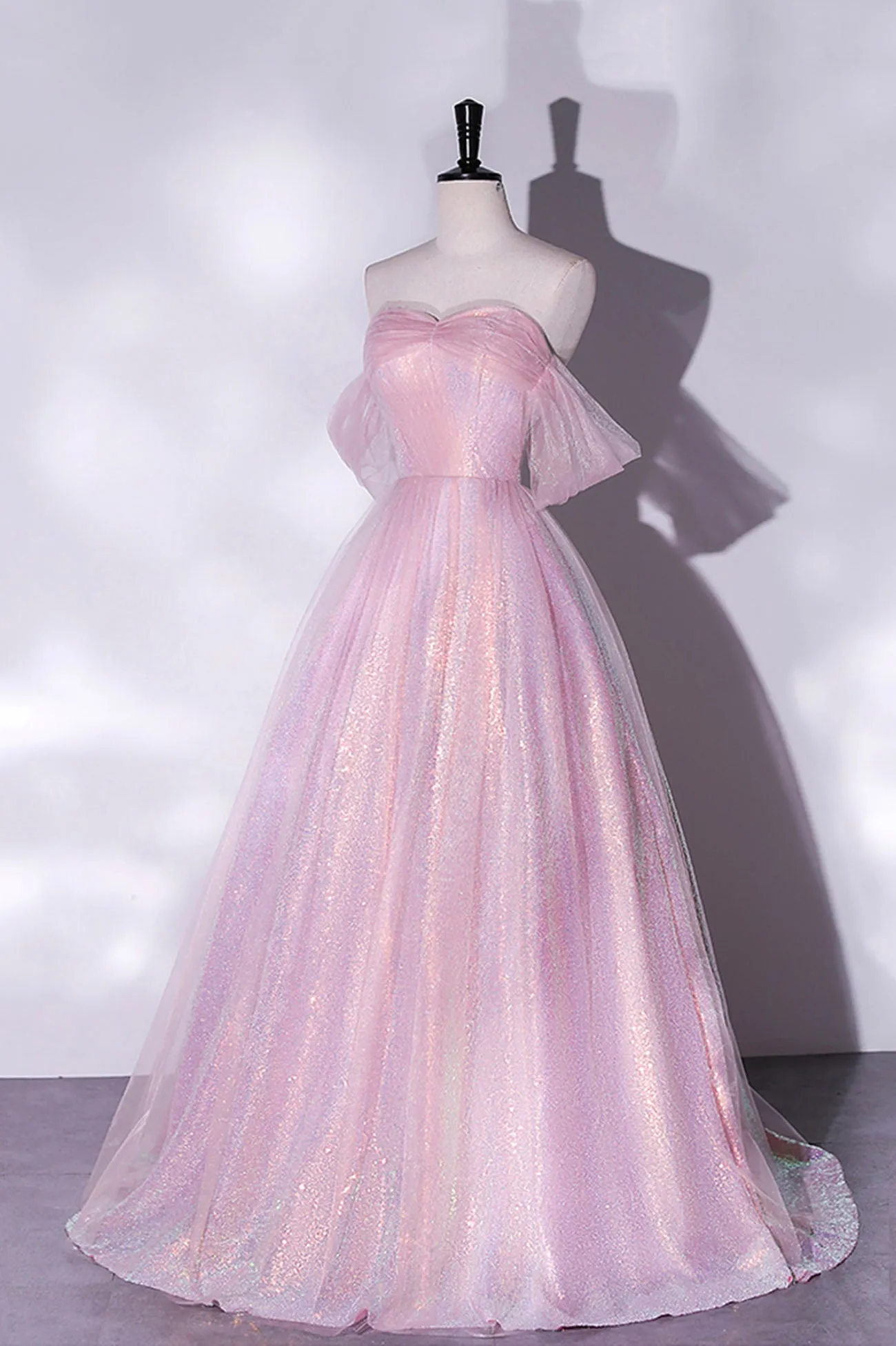Pink Tulle Sequins Long Prom Dress, Off the Shoulder Evening Party Dress