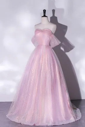 Pink Tulle Sequins Long Prom Dress, Off the Shoulder Evening Party Dress