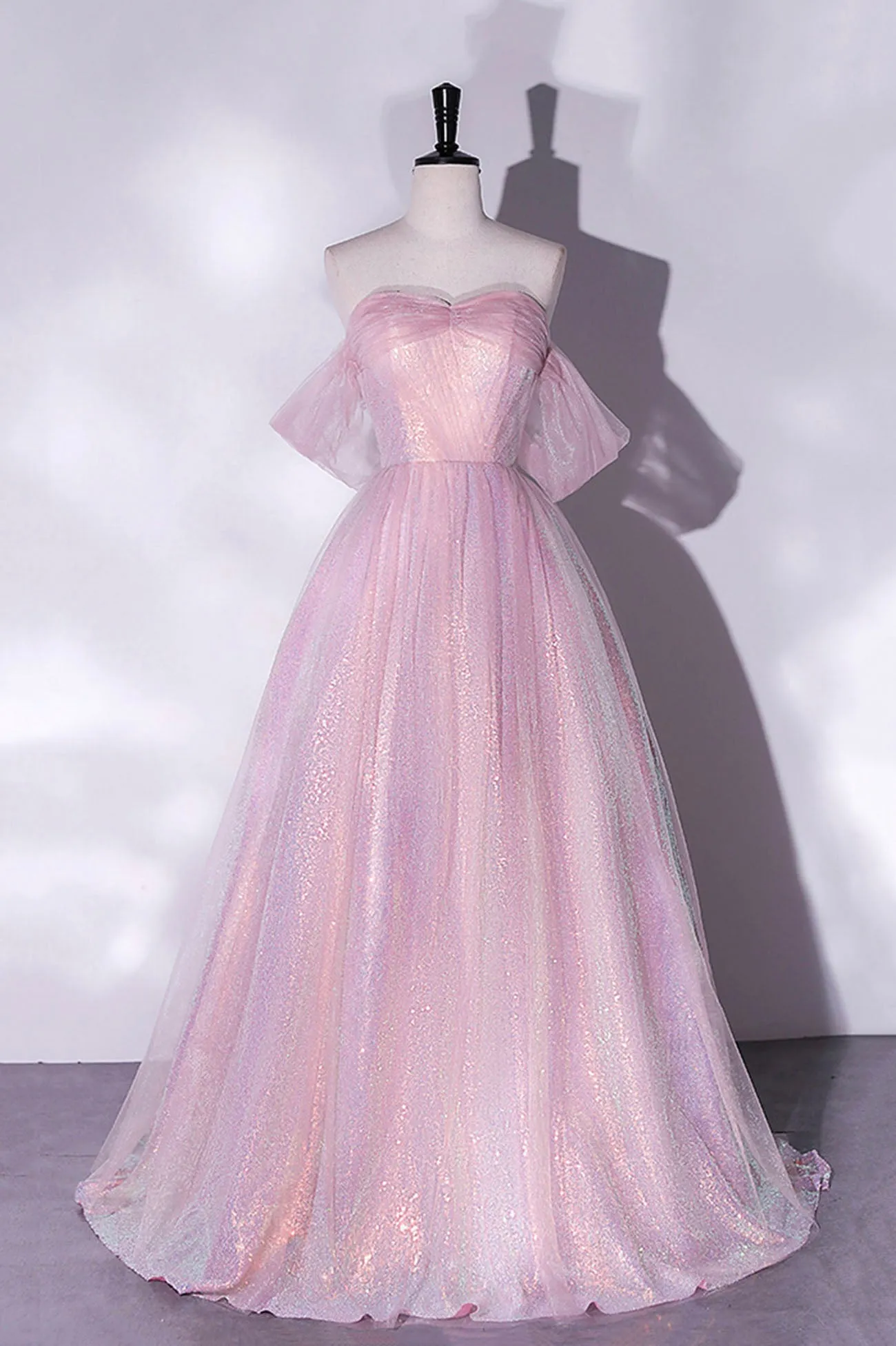 Pink Tulle Sequins Long Prom Dress, Off the Shoulder Evening Party Dress
