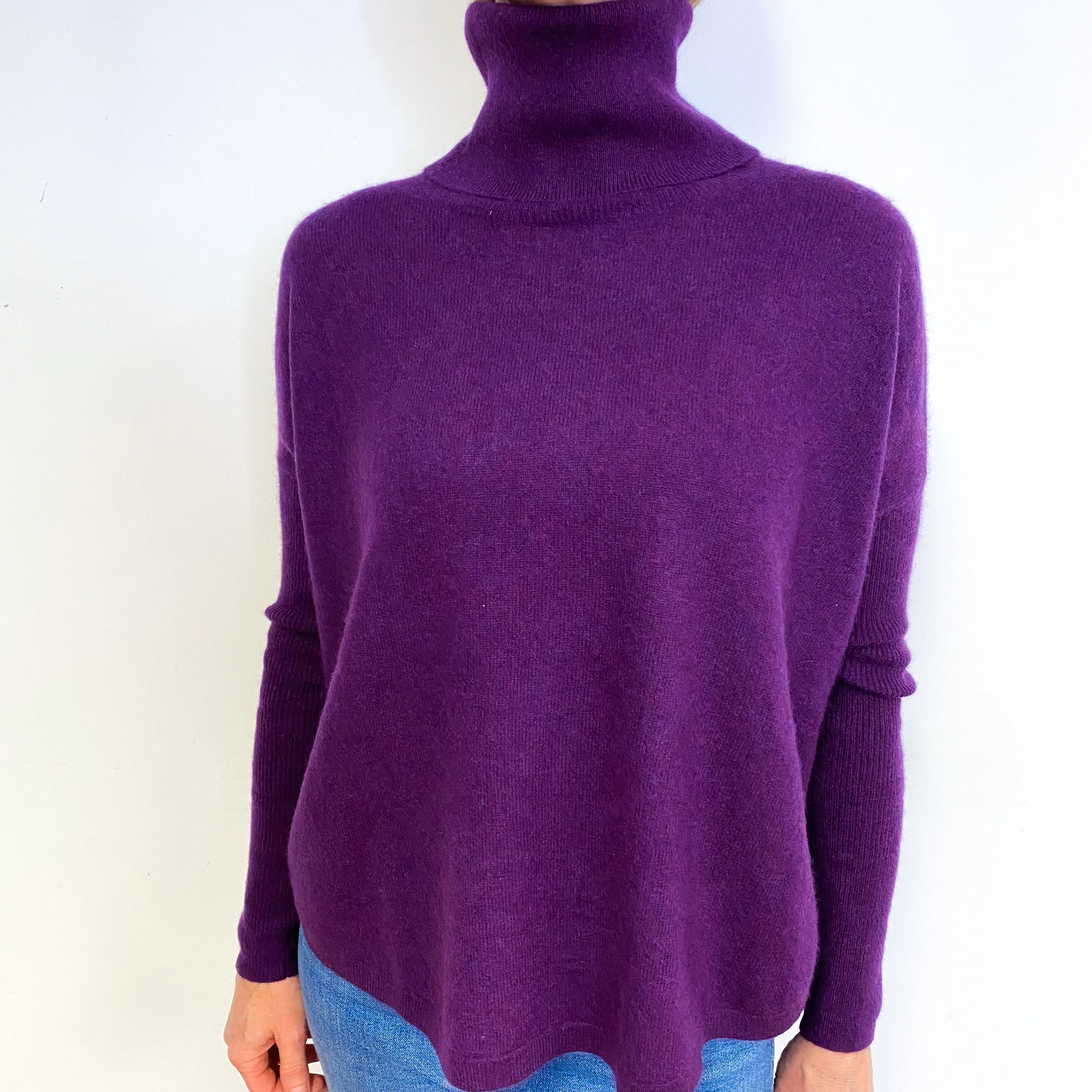 Plum Purple Slouchy Cashmere Polo Neck Jumper Medium