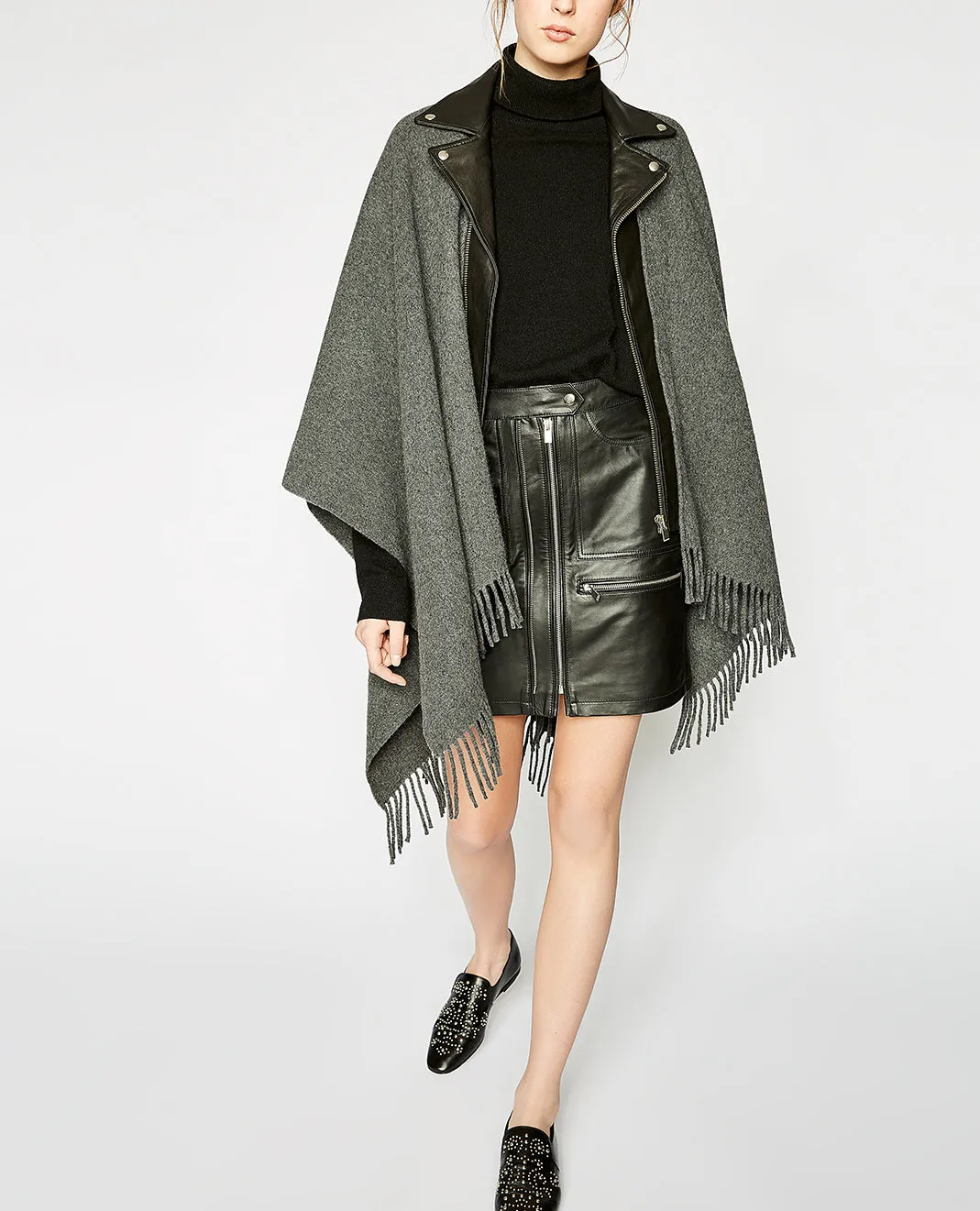 Poncho gris col biker cuir