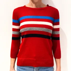 Post Box Red Striped 3/4 Sleeved Cashmere Crew Neck Jumper Small