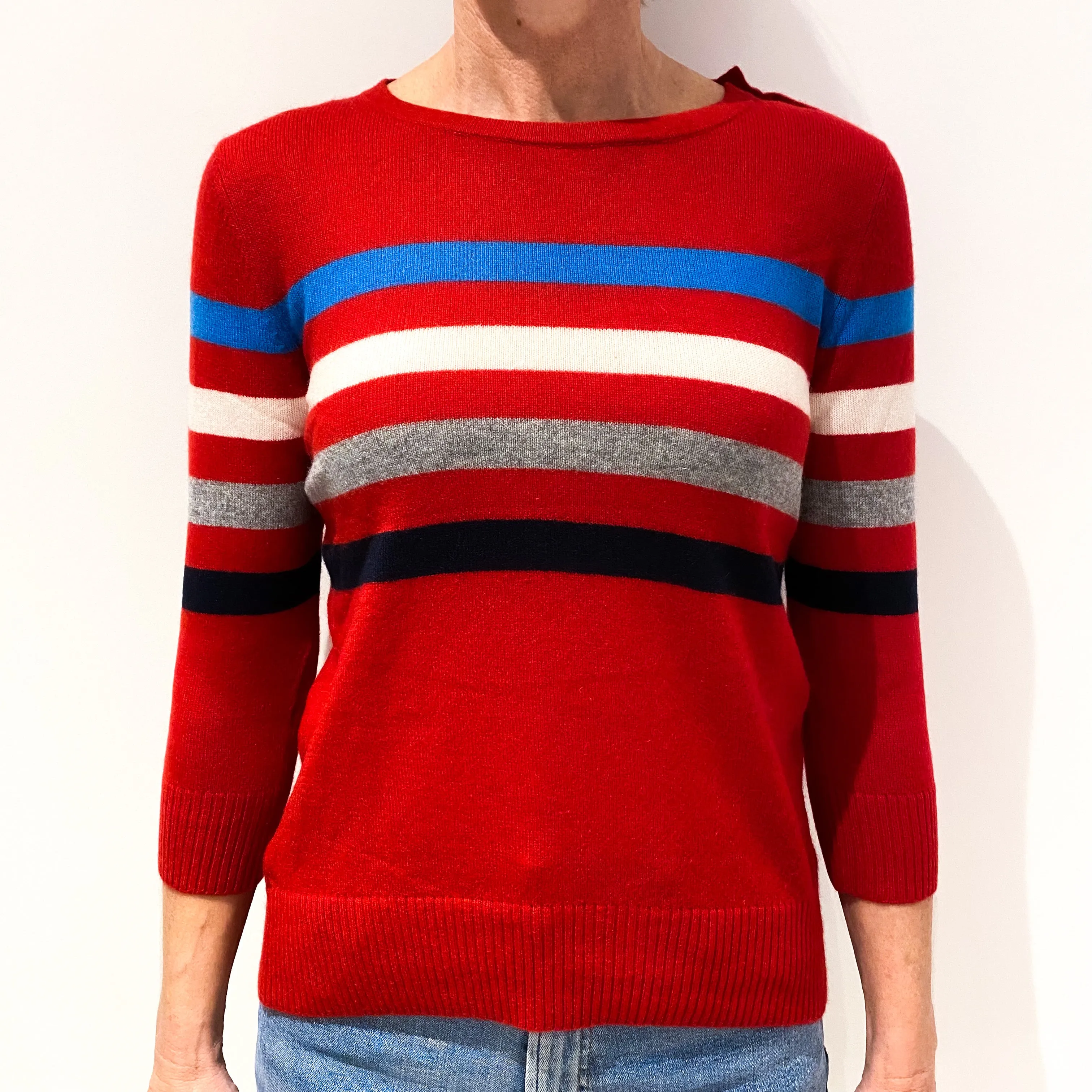 Post Box Red Striped 3/4 Sleeved Cashmere Crew Neck Jumper Small