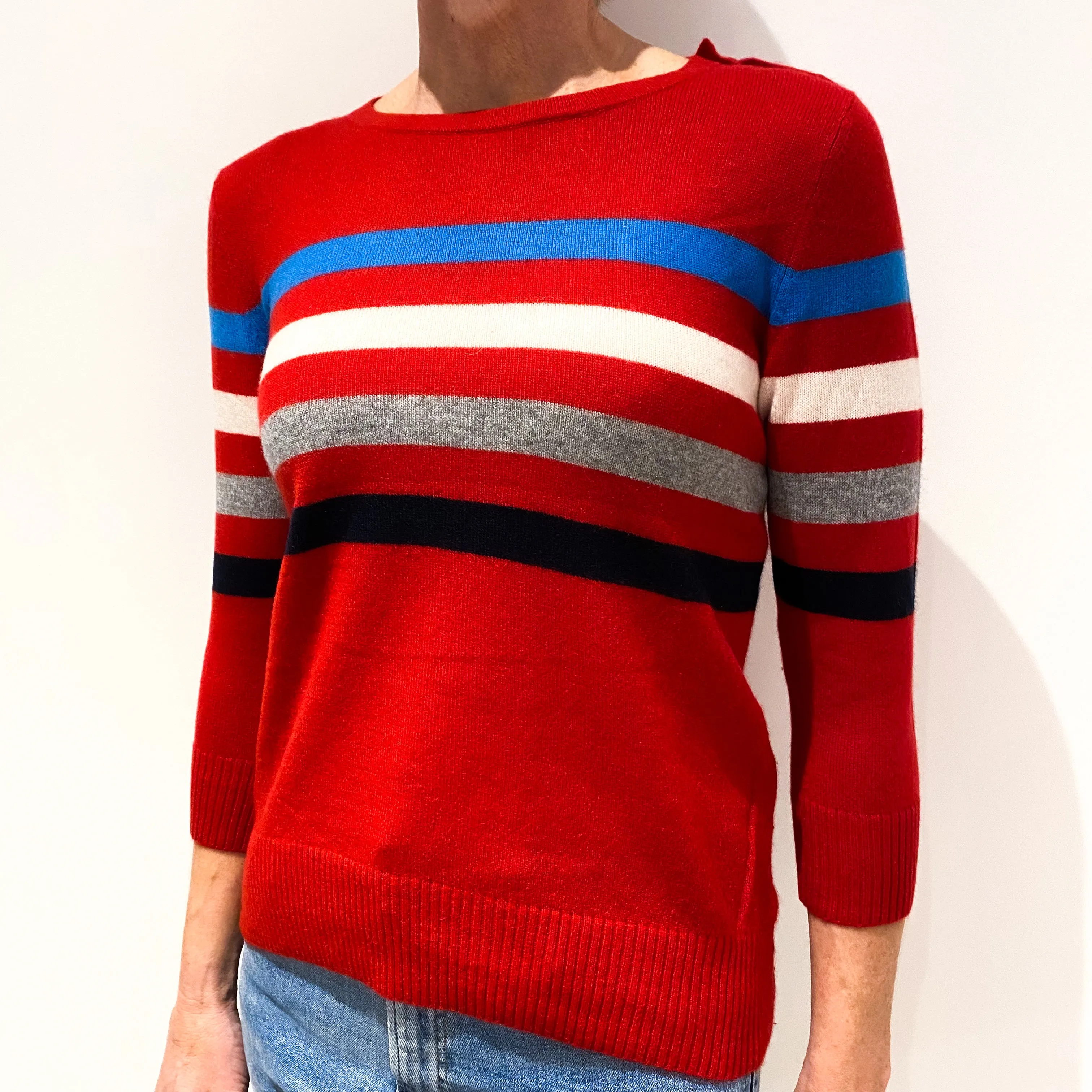 Post Box Red Striped 3/4 Sleeved Cashmere Crew Neck Jumper Small