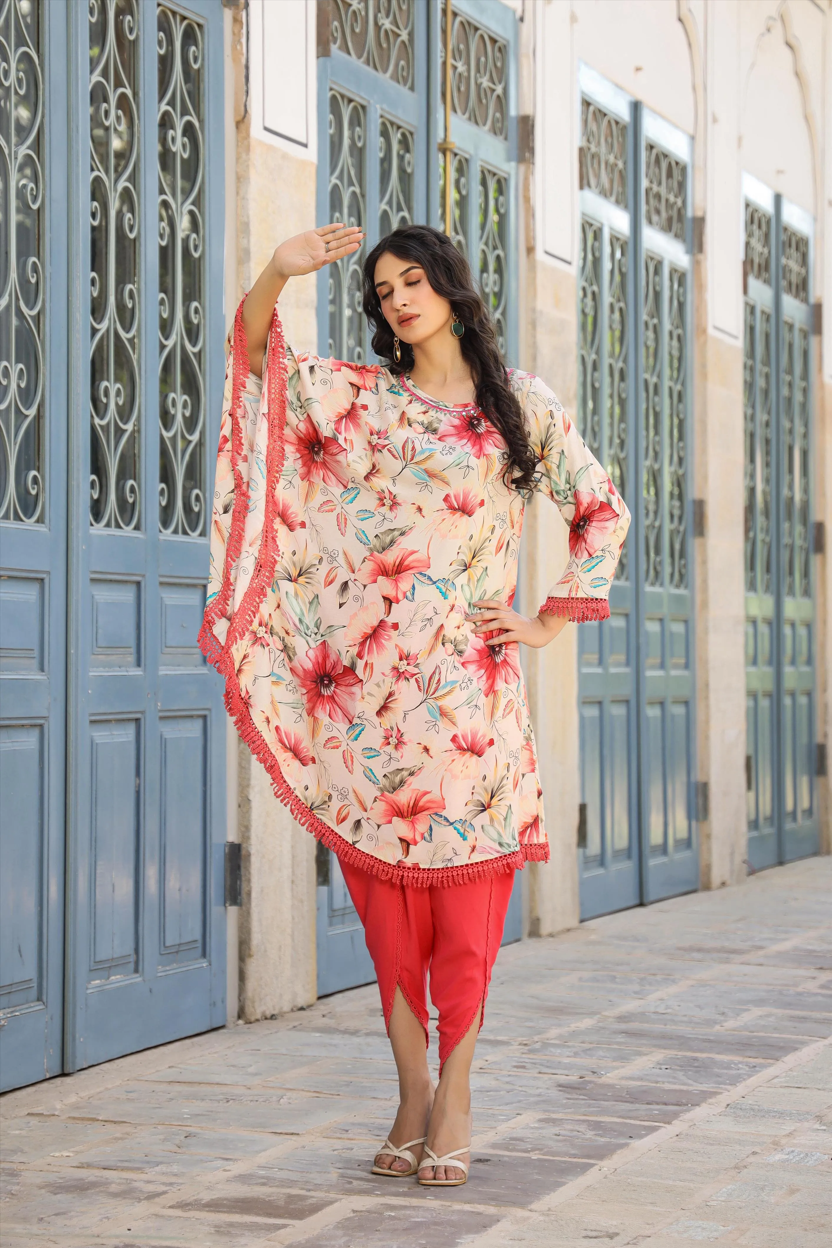 Red-Cream Muslin Printed Poncho & Dhoti Set