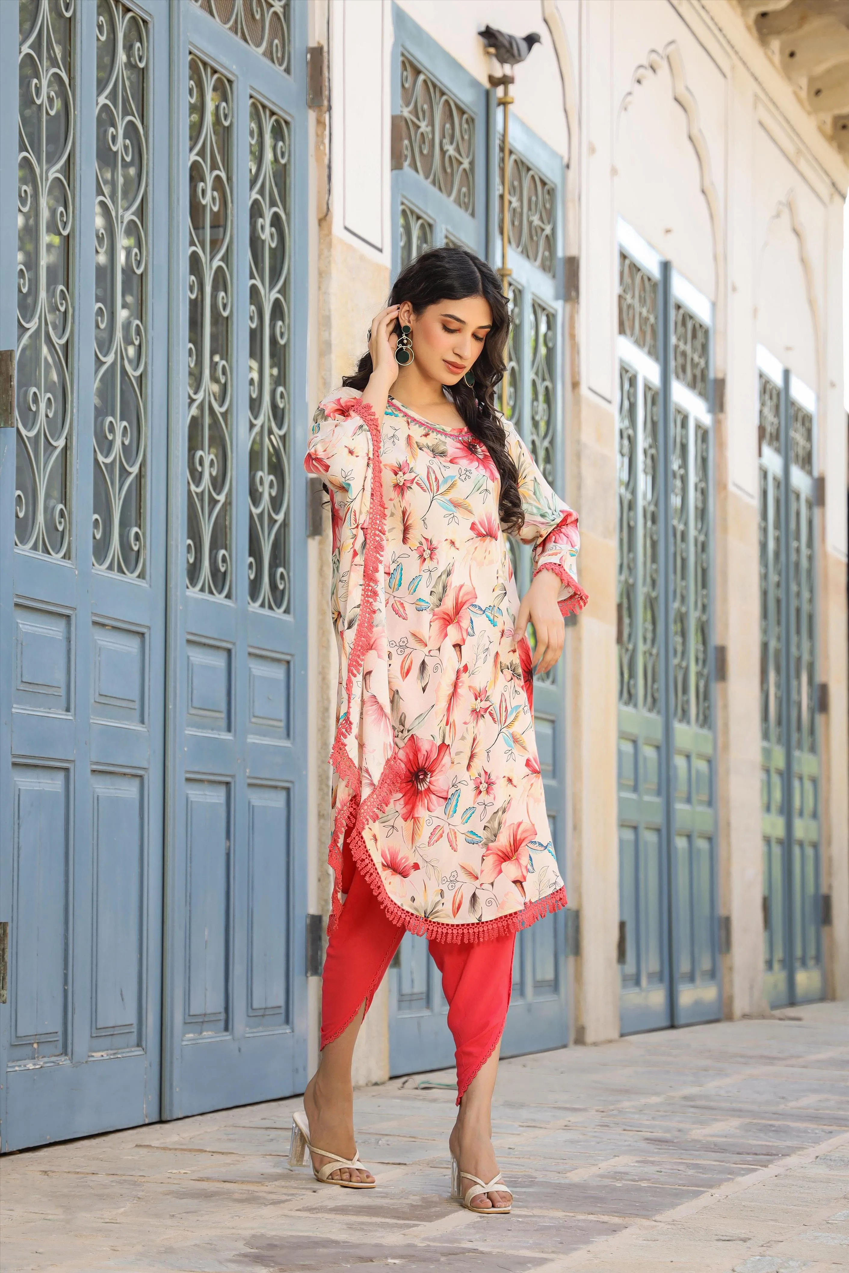 Red-Cream Muslin Printed Poncho & Dhoti Set
