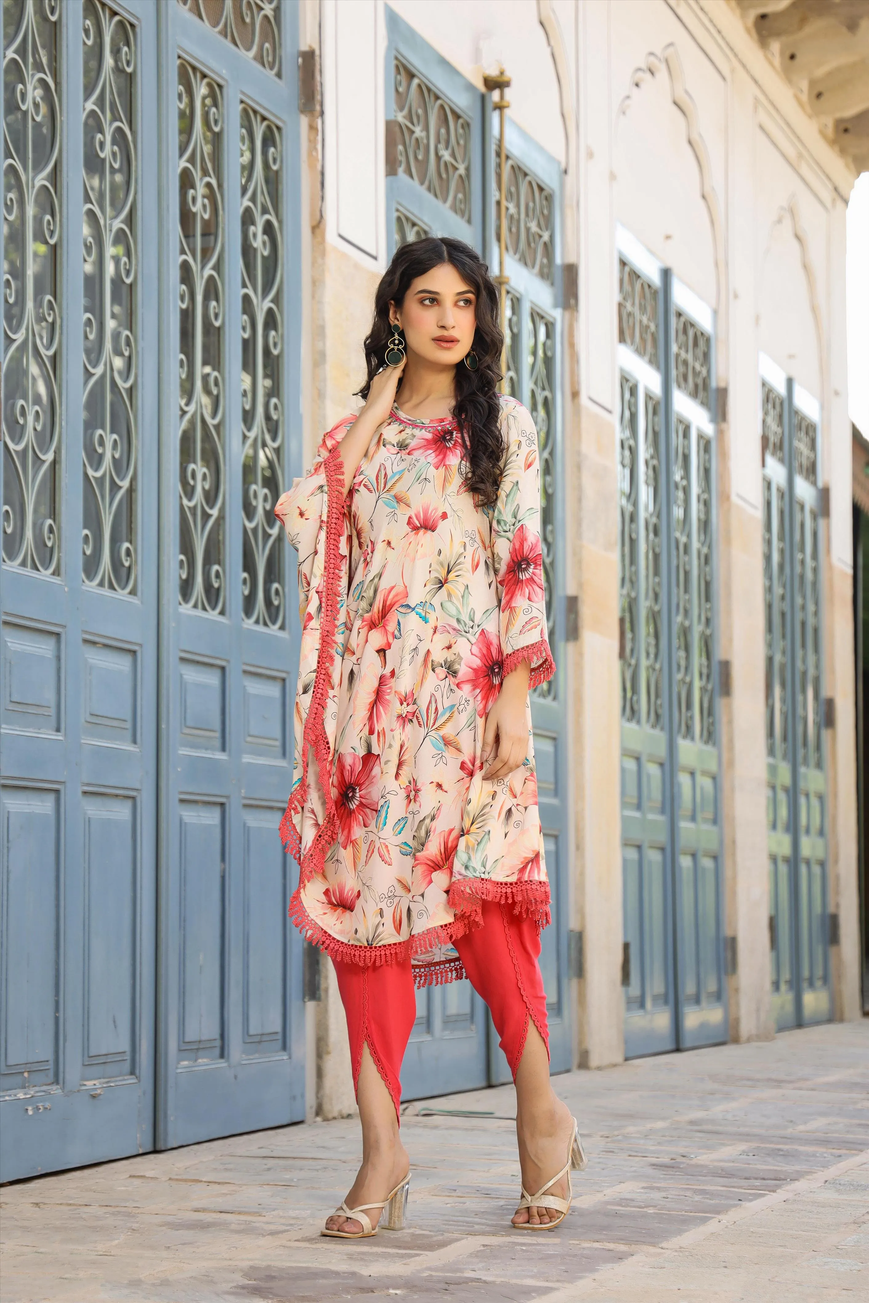 Red-Cream Muslin Printed Poncho & Dhoti Set