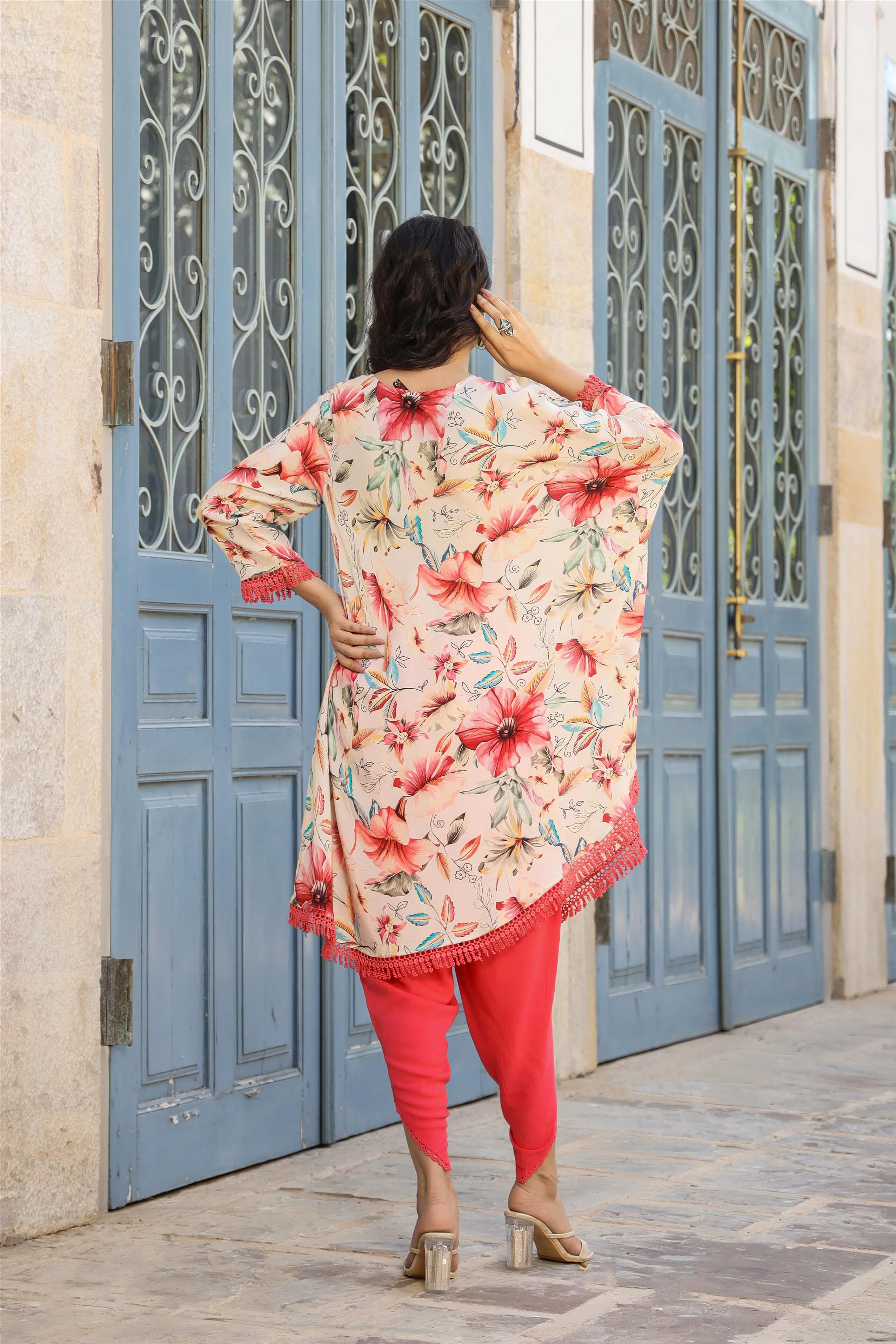 Red-Cream Muslin Printed Poncho & Dhoti Set