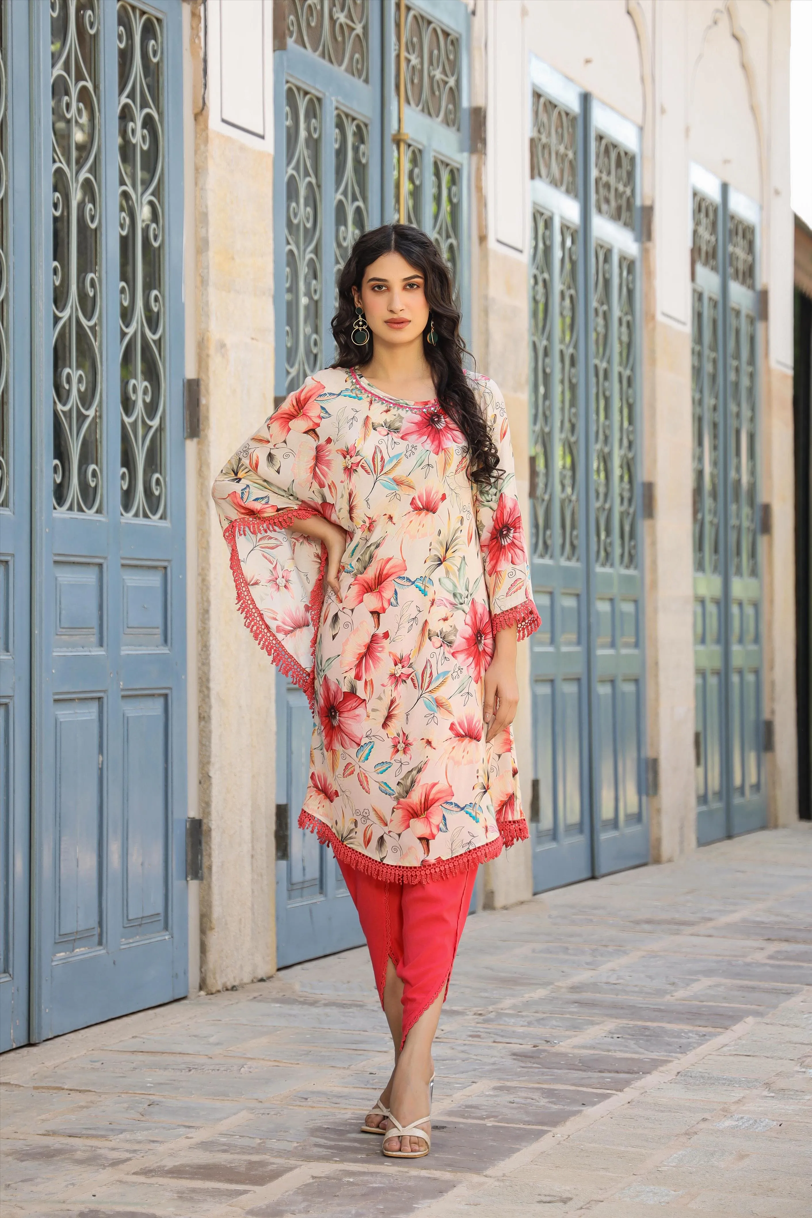 Red-Cream Muslin Printed Poncho & Dhoti Set