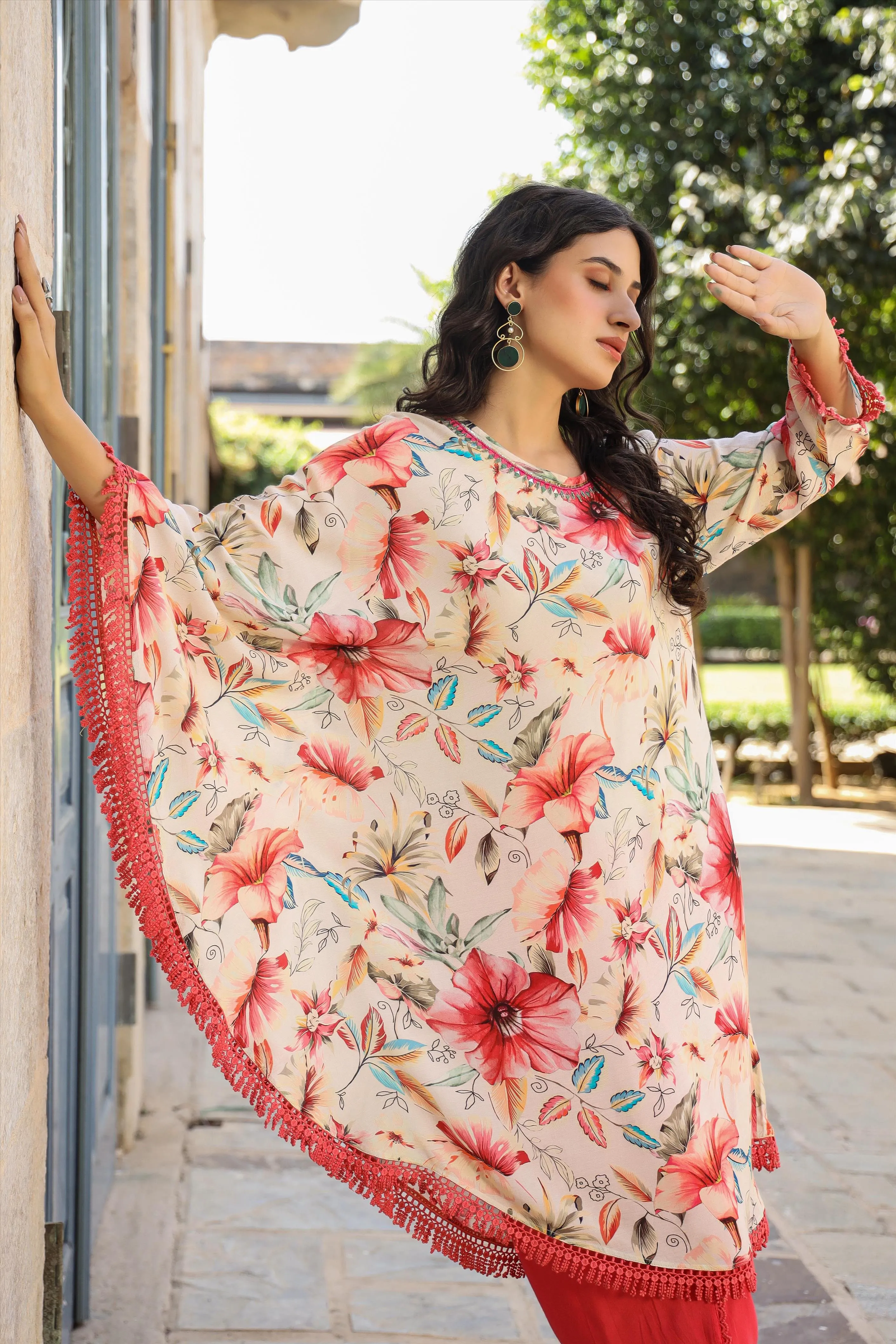 Red-Cream Muslin Printed Poncho & Dhoti Set