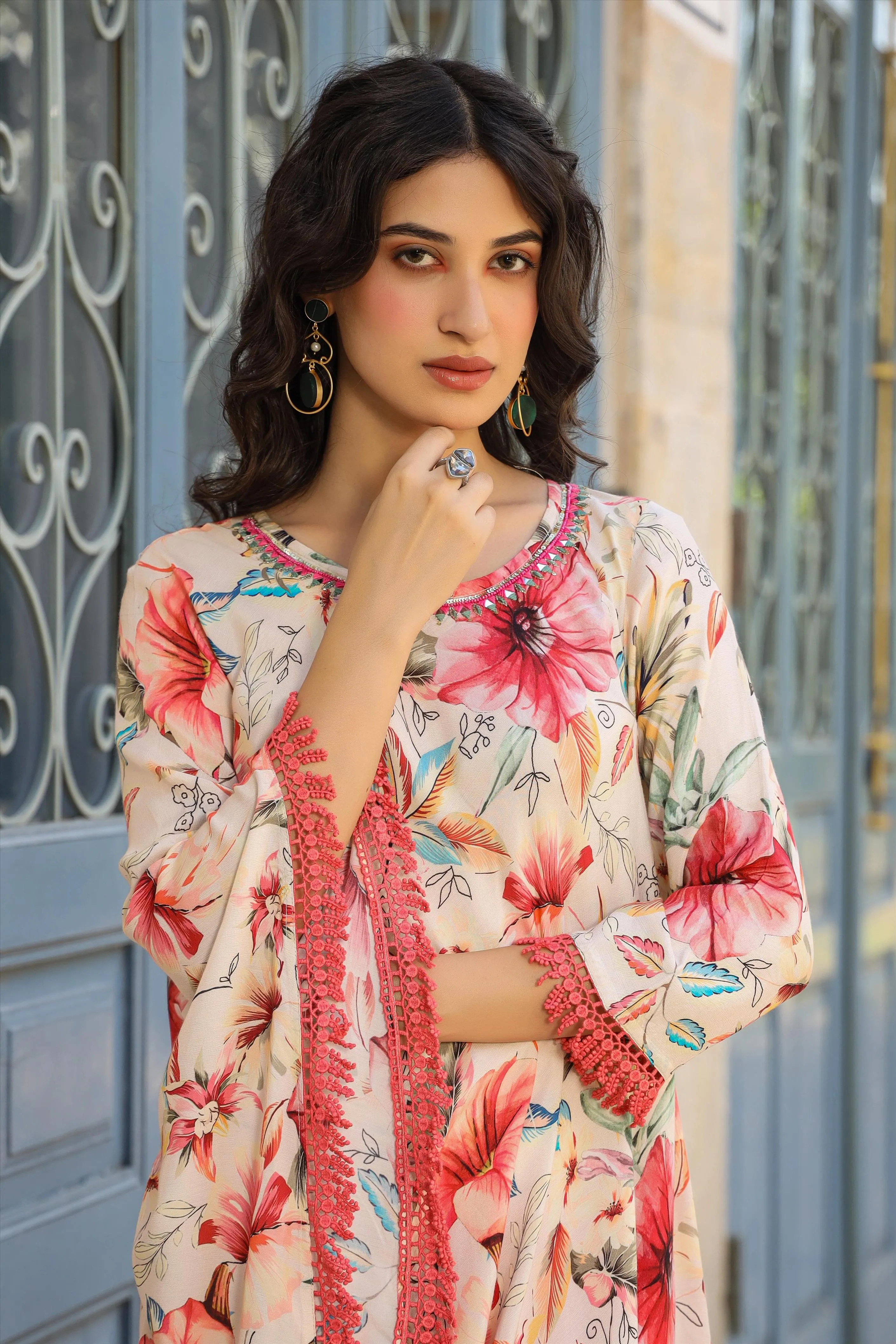 Red-Cream Muslin Printed Poncho & Dhoti Set