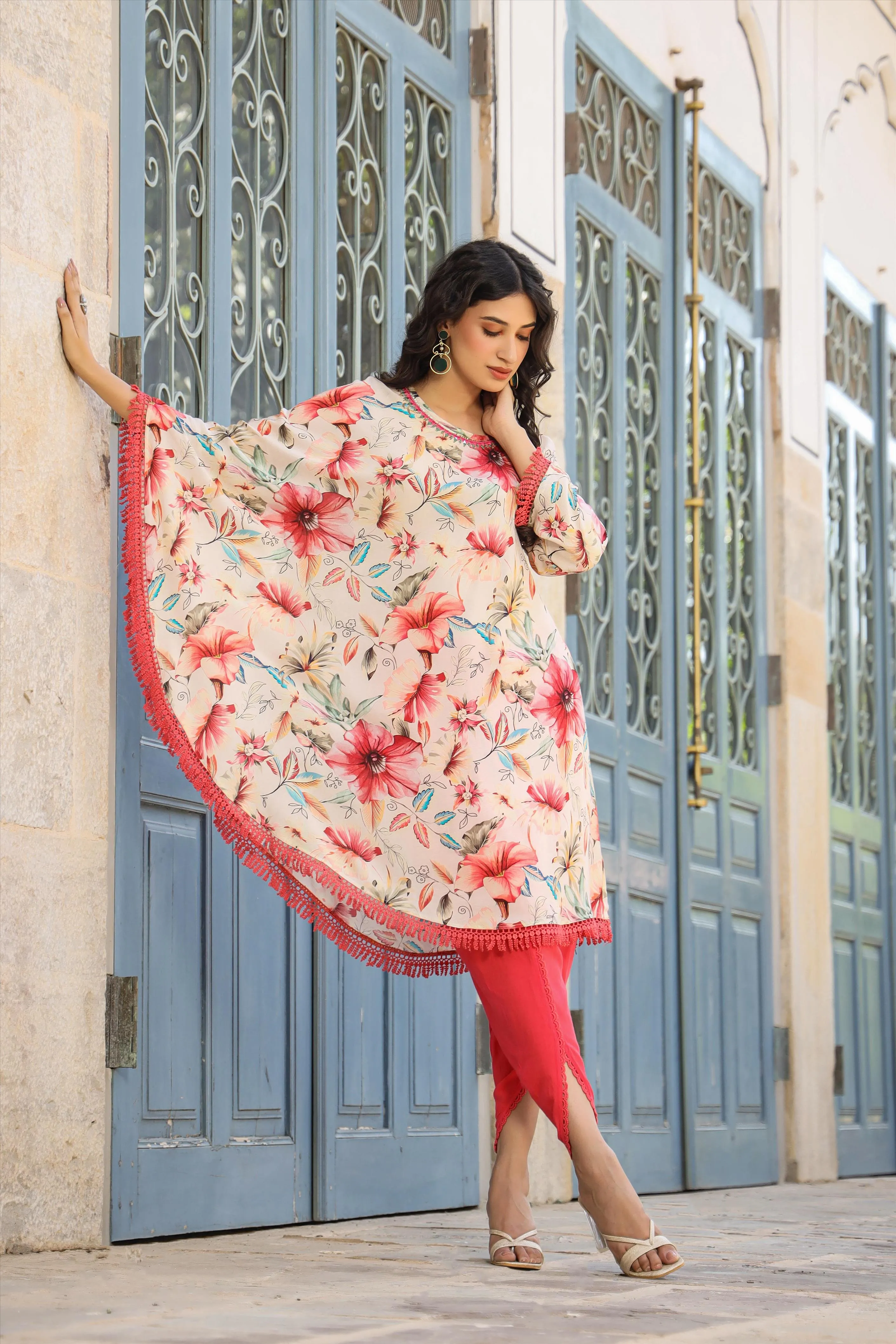 Red-Cream Muslin Printed Poncho & Dhoti Set