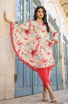 Red-Cream Muslin Printed Poncho & Dhoti Set