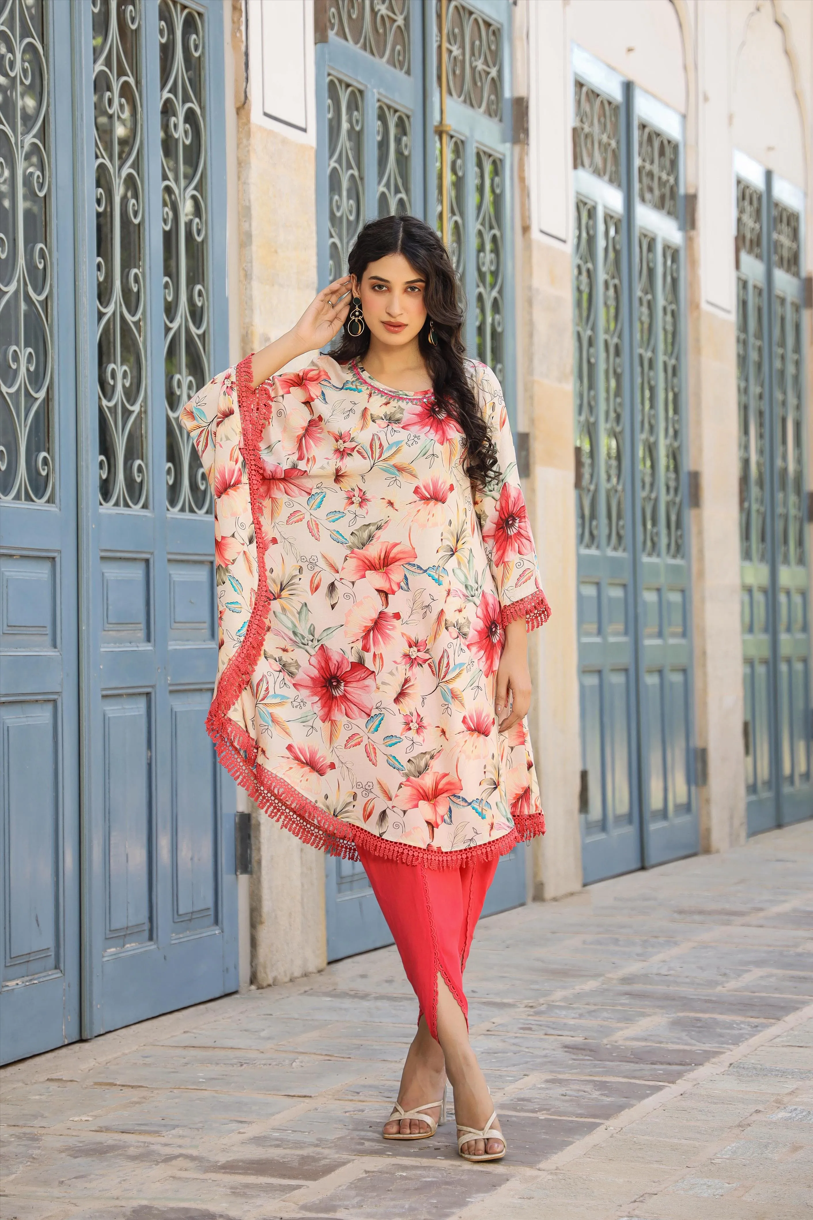 Red-Cream Muslin Printed Poncho & Dhoti Set