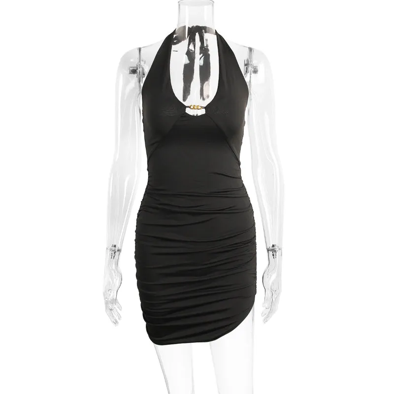Sexy Crossed Straps Sleeveless V-neck Pleated Short Dress