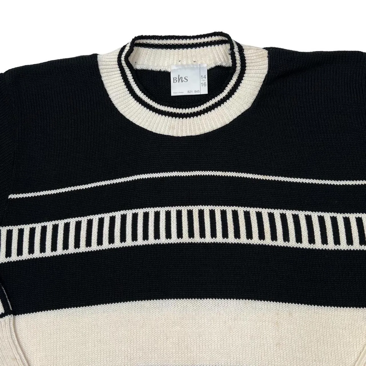 Vintage BHS Colour Block Patterned Acrylic Cotton Crewneck Knit Sweater Jumper